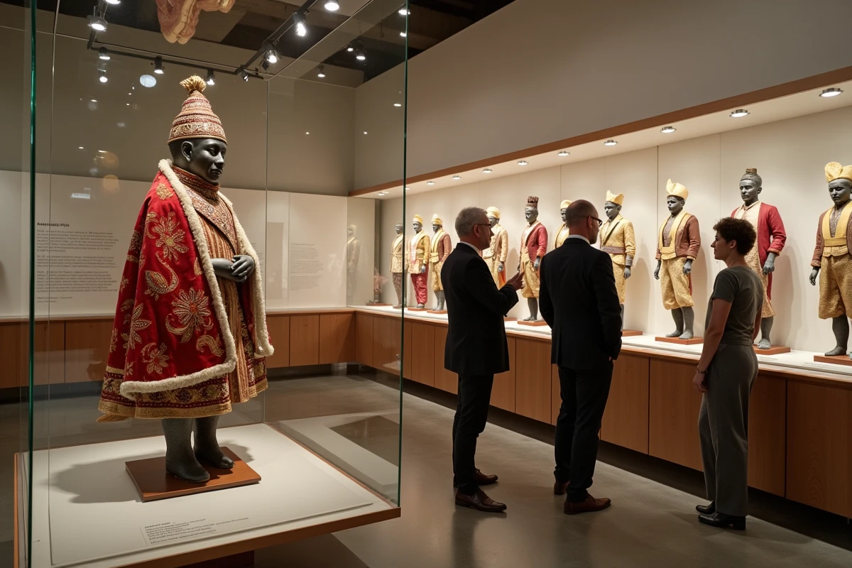 Le Manneken Pis habillé d'un costume de cérémonie exposé au musée GardeRobe MannekenPis de Bruxelles, avec des vitrines présentant d'autres costumes historiques et un guide expliquant l'histoire de la statue