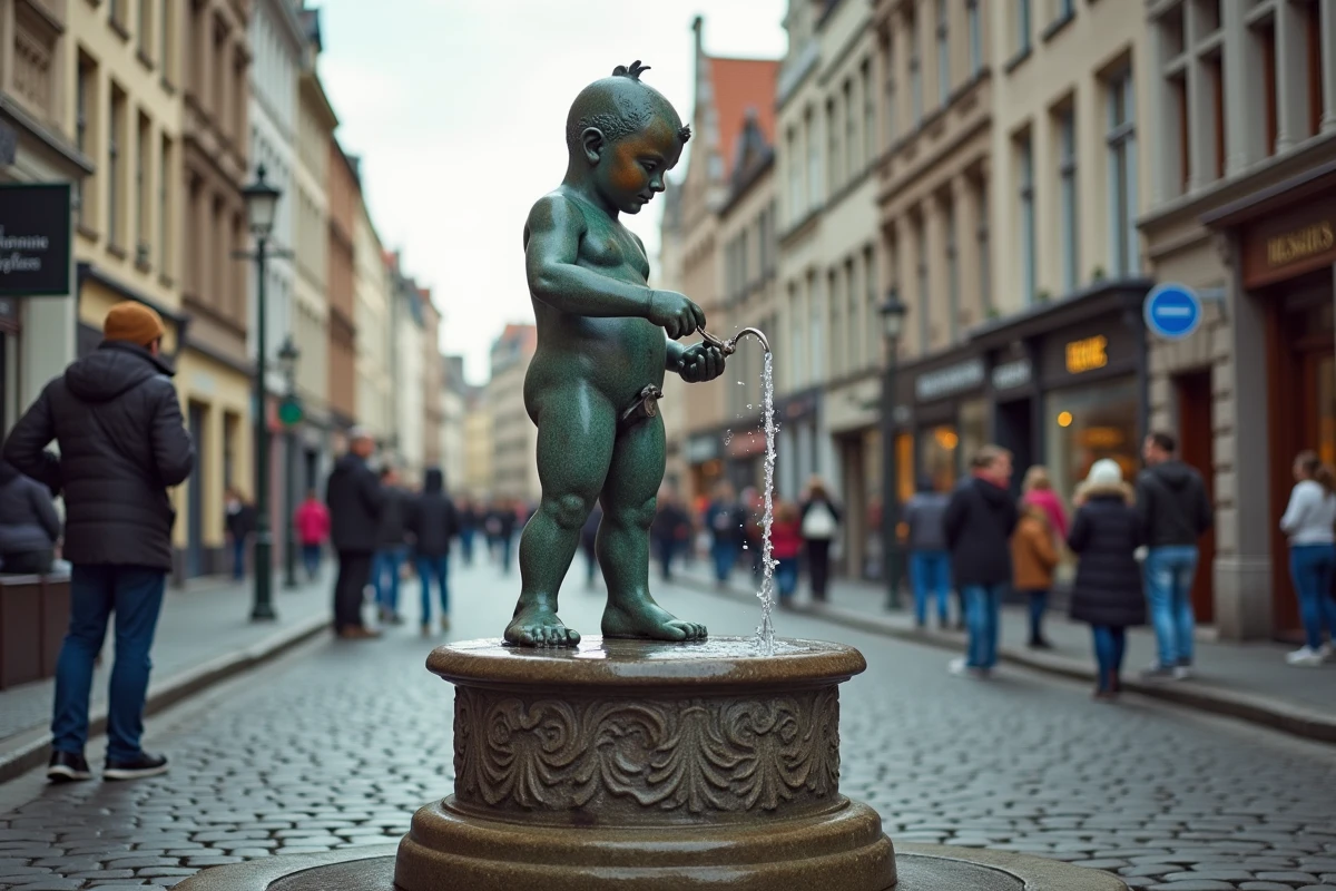 La célèbre statue du Manneken Pis sur son piédestal en pierre au coin de la Rue de l'Étuve à Bruxelles, entourée de touristes et de façades de bâtiments historiques