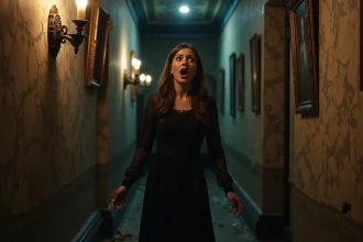 Femme en robe victorienne effrayée dans le couloir d'un manoir hanté lors d'une attraction Halloween 2026