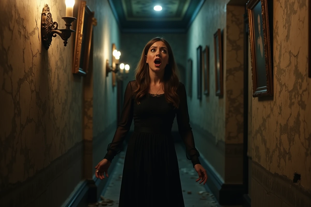 Femme en robe victorienne effrayée dans le couloir d'un manoir hanté lors d'une attraction Halloween 2026