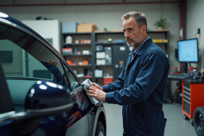Mécanicien homme en tenue dans un garage moderne avec voiture électrique