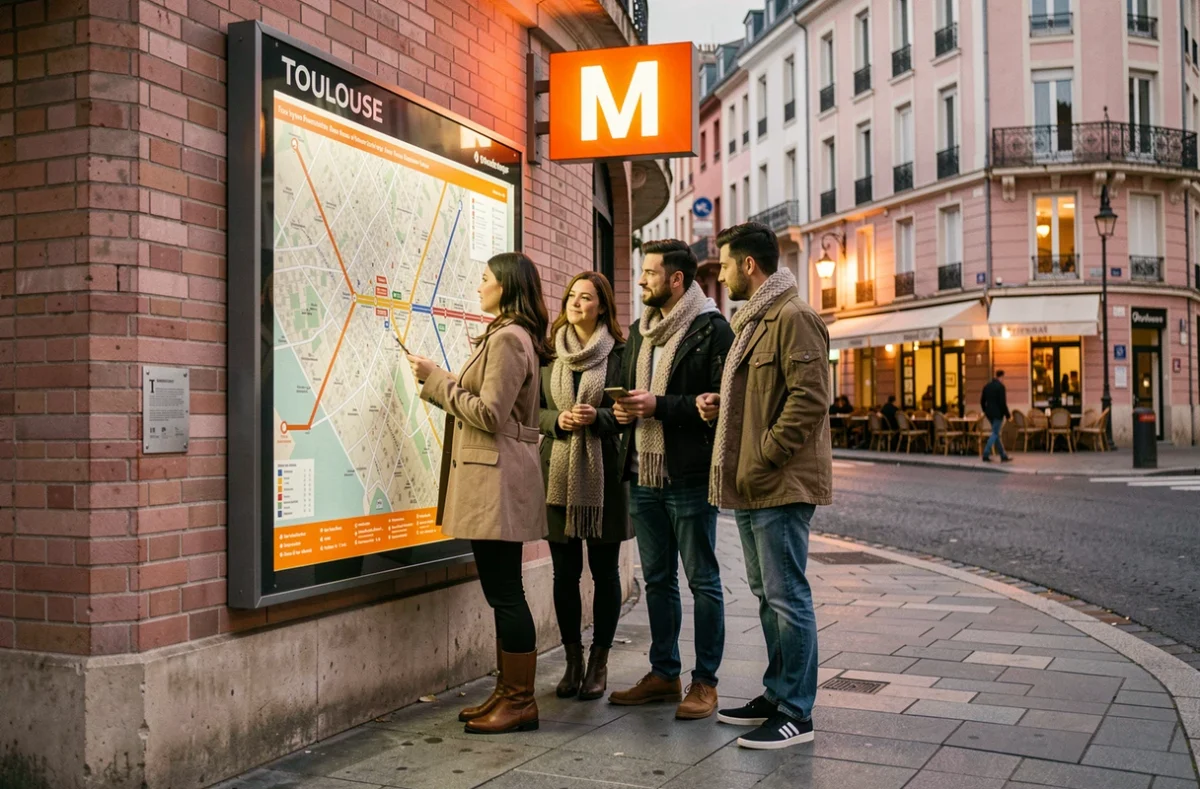 Groupe d'amis consultant le plan du métro de Toulouse pour rejoindre une nocturne culturelle