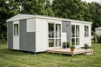 Mobil-home moderne de qualité installé sur un camping verdoyant en France, avec terrasse en bois et grands vitrages double vitrage