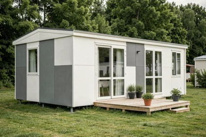 Mobil-home moderne de qualité installé sur un camping verdoyant en France, avec terrasse en bois et grands vitrages double vitrage