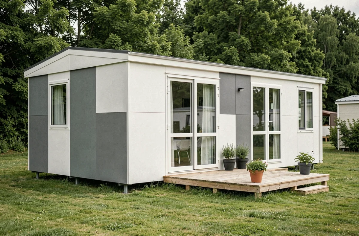 Mobil-home moderne de qualité installé sur un camping verdoyant en France, avec terrasse en bois et grands vitrages double vitrage