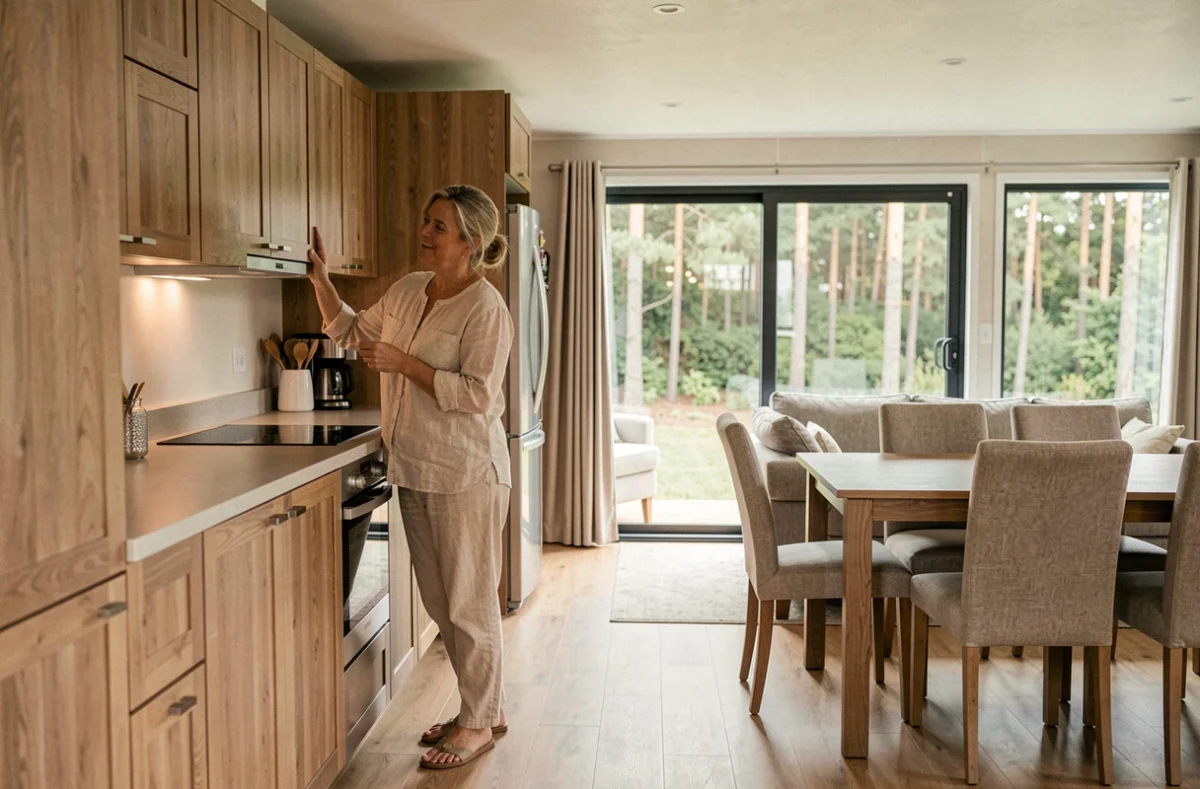 Intérieur contemporain d'un mobil-home haut de gamme avec cuisine équipée et salon ouvert, illustrant la qualité de construction durable