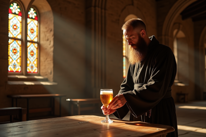 Moine trappiste belge versant de la bière dorée dans une coupe dans une abbaye ancienne