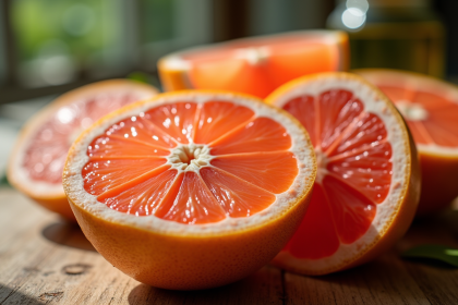 Moitiés de pamplemousse frais sur une table en bois