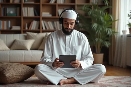 Musulman en tenue traditionnelle récitant des versets