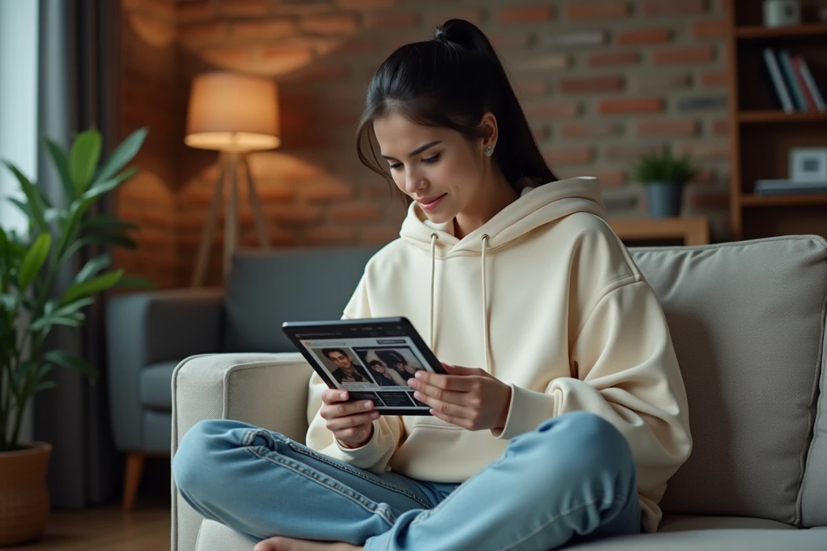 Jeune femme naviguant sur un site fan de célébrité depuis une tablette dans un appartement cosy