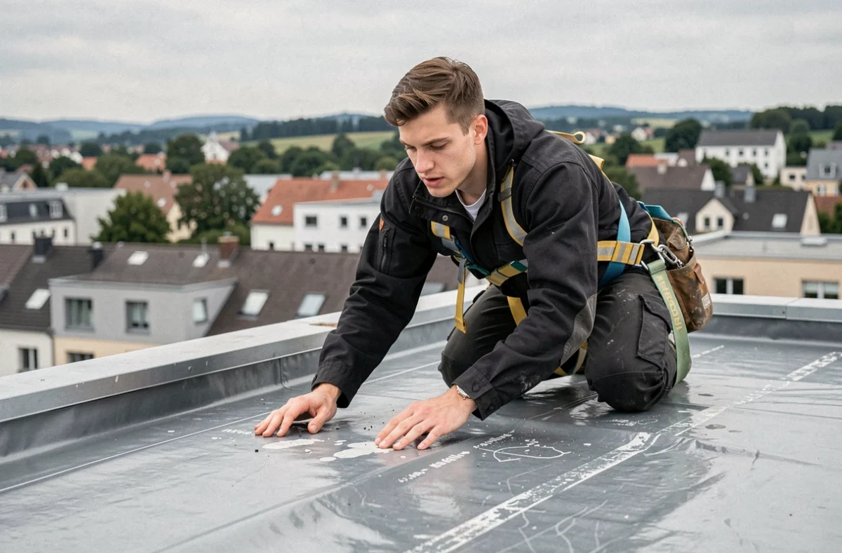 Jeune couvreur appliquant une membrane d'étanchéité sur un toit plat d'un bâtiment résidentiel dans le Haut-Rhin