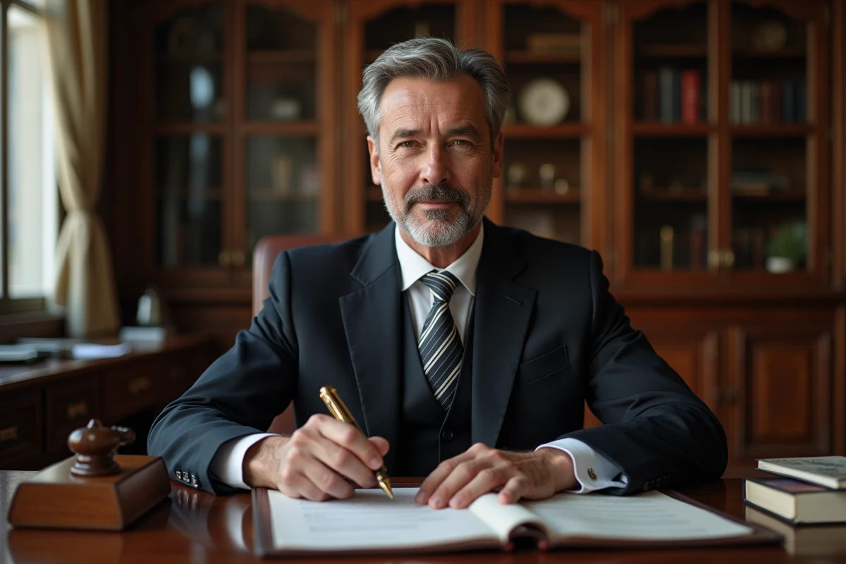 Notaire âgé signant un document officiel dans son bureau élégant