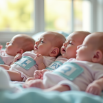 Groupe de bébés nouveau-nés dans une maternité moderne avec étiquettes H