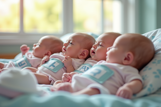 Groupe de bébés nouveau-nés dans une maternité moderne avec étiquettes H