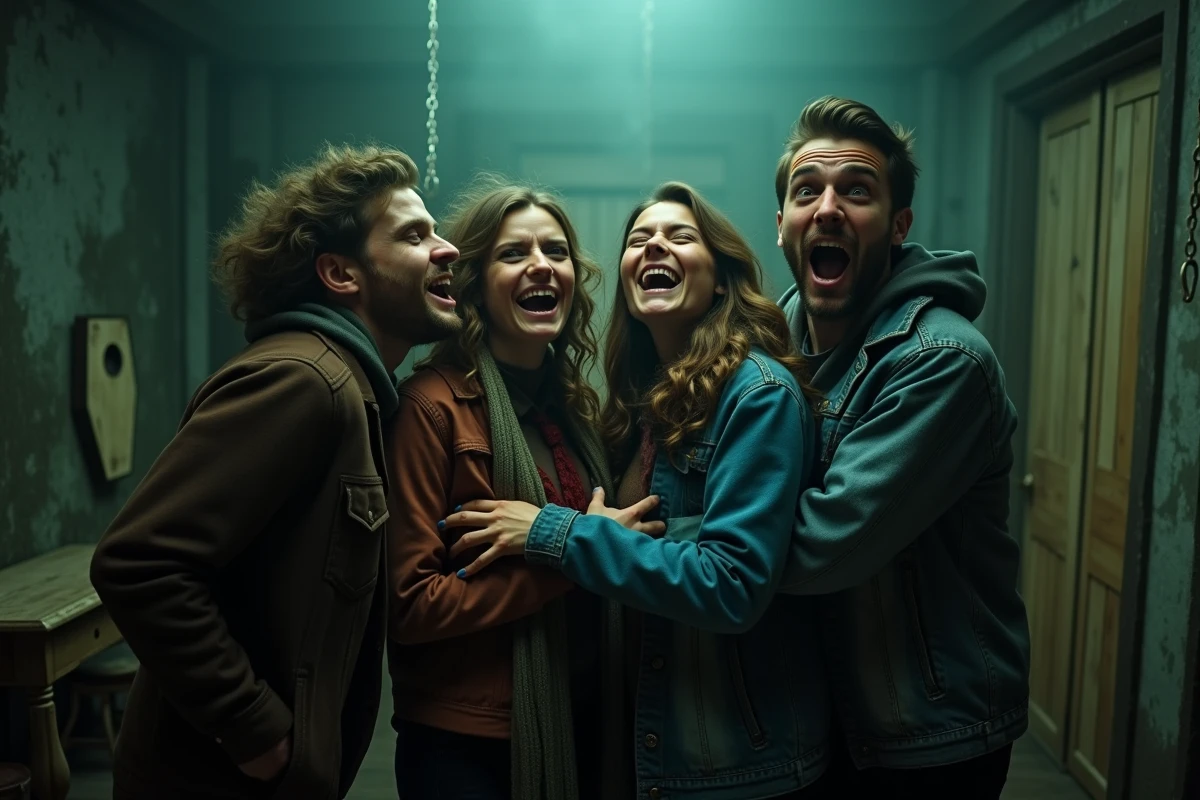 Groupe d'amis réagissant de frayeur dans une nouvelle maison hantée lors de la saison Halloween 2026