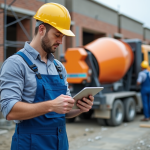 Ouvrier de construction examinant un catalogue sur tablette