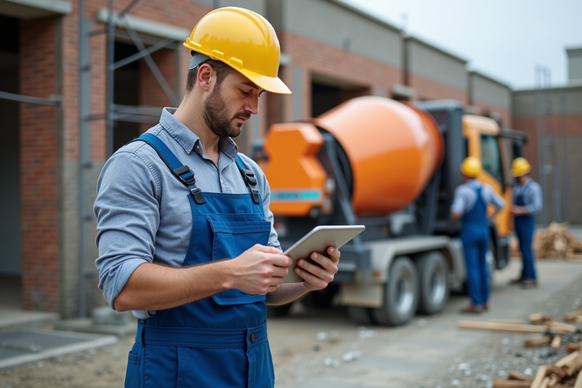 Ouvrier de construction examinant un catalogue sur tablette