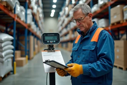 Ouvrier en entrepôt consultant un tableau de conversion kg en tonne sur une planchette près d'une balance industrielle