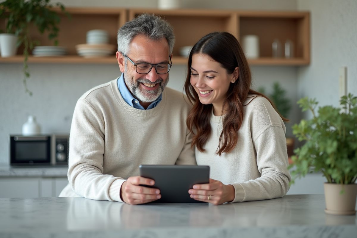 Homme et fille discutant avec une tablette dans la cuisine