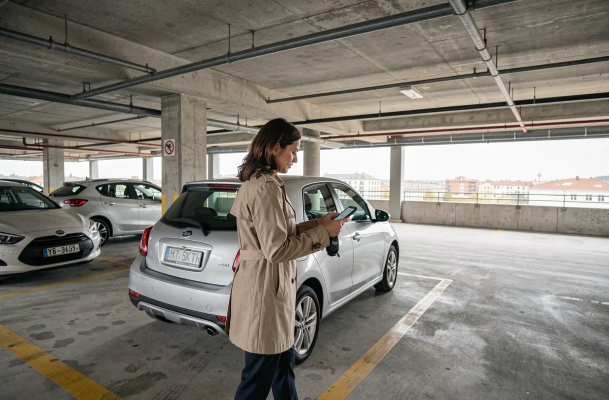 Femme garant sa voiture dans un parking relais près du centre de Toulouse avant une nocturne