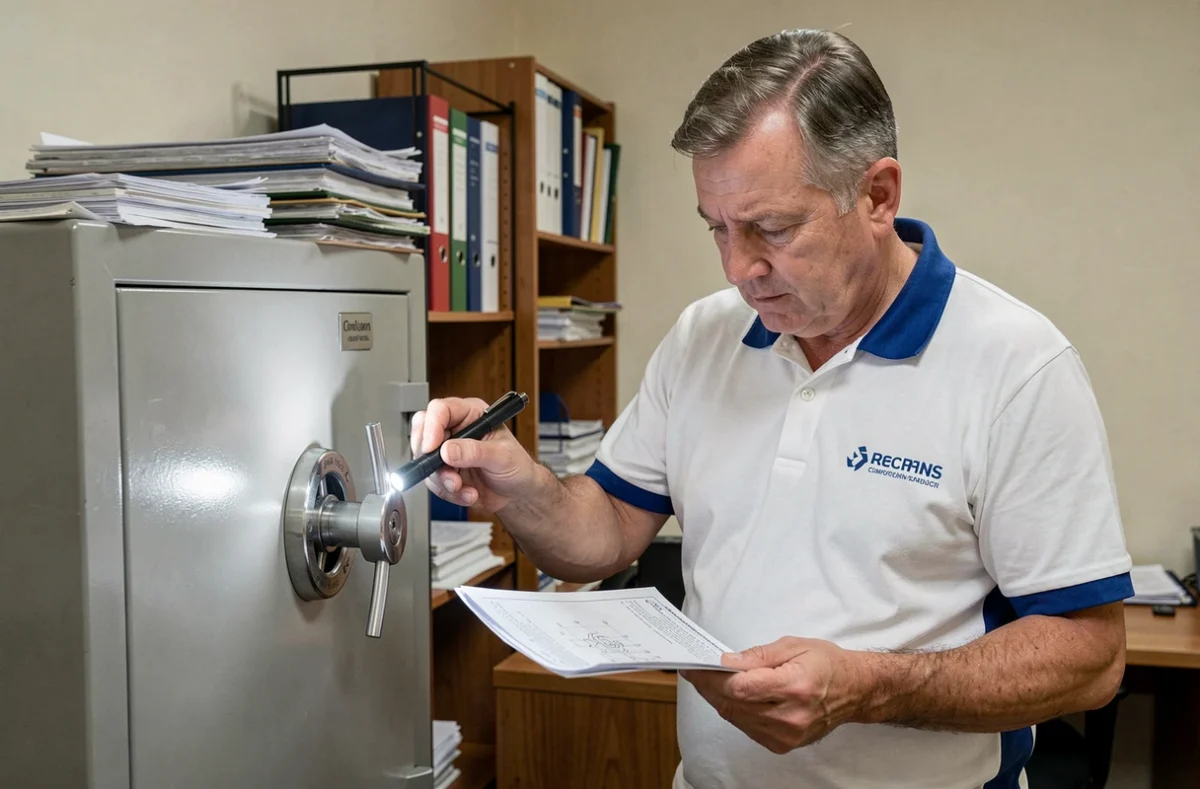 Serrurier de PECA inspectant un mécanisme de coffre-fort dans un bureau commercial