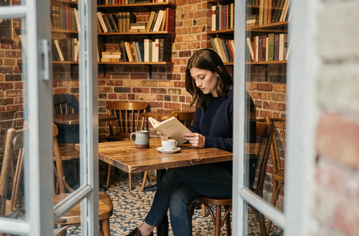 Personnalité publique protégeant son intimité en lisant seule dans un café parisien discret