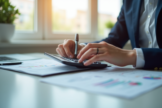 Personne calculant ses impots sur un bureau lumineux