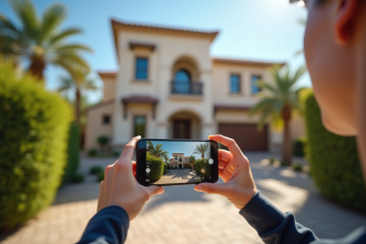 Personne prenant en photo une maison à vendre avec un smartphone en extérieur