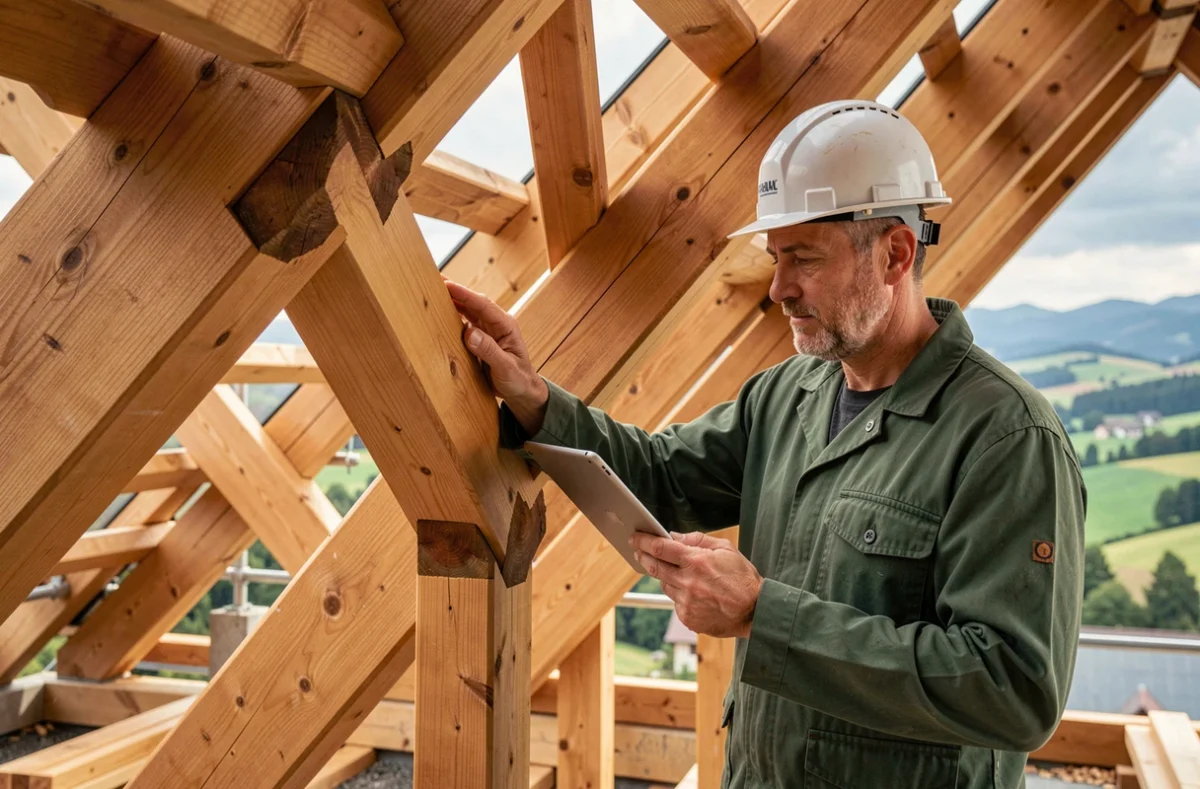 Charpentier couvreur inspectant une structure bois complexe avec une tablette sur un chantier au pied des Vosges dans le Haut-Rhin