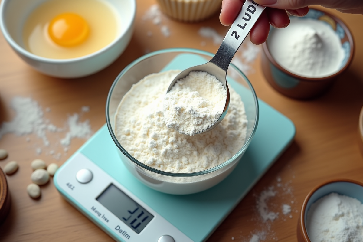 Versement de farine sur une balance numérique en cuisine