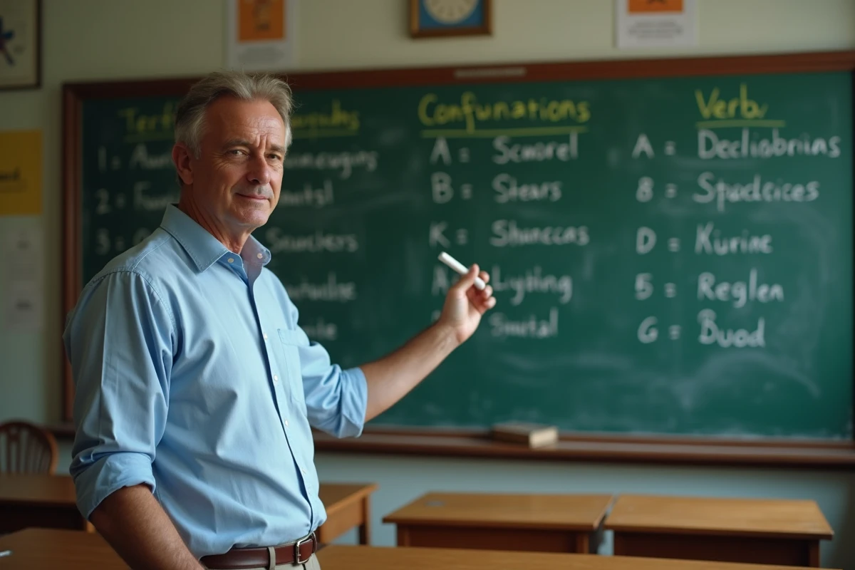 Professeur de français expliquant les tableaux de conjugaison au tableau dans une salle de classe traditionnelle