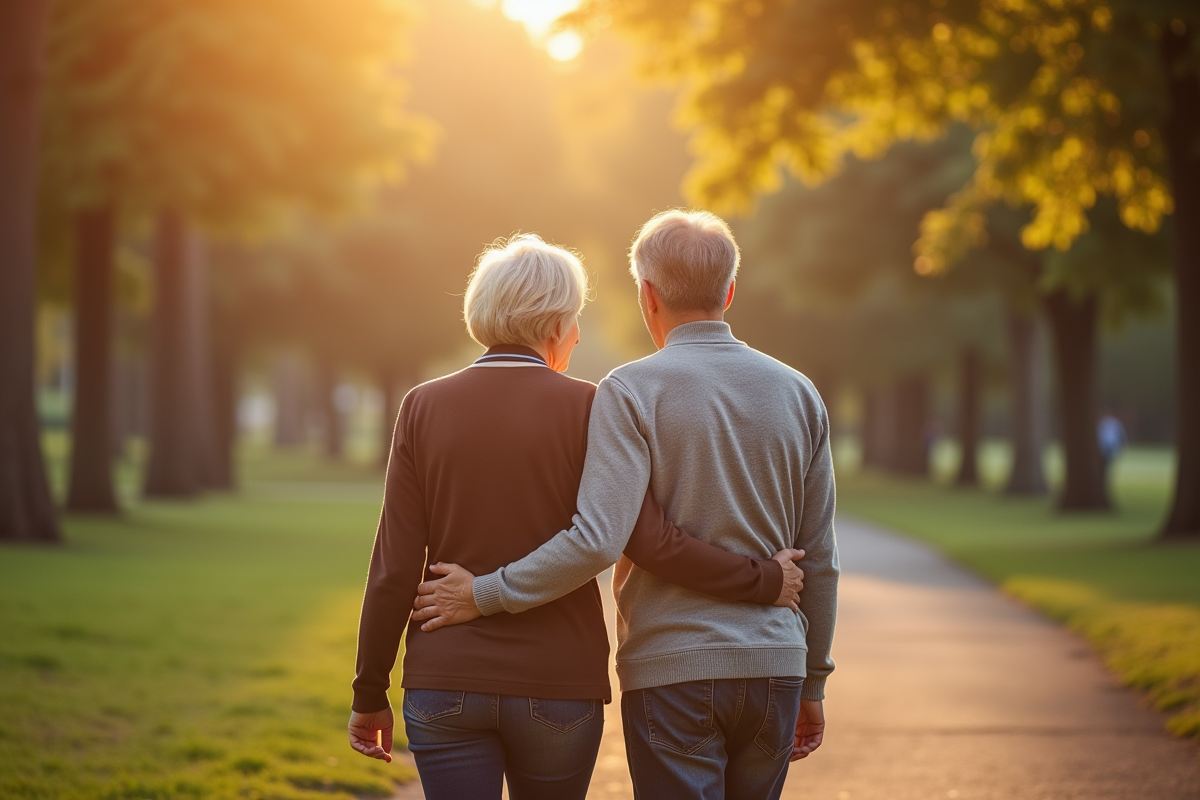 Couple mature se promenant dans un parc ensoleille