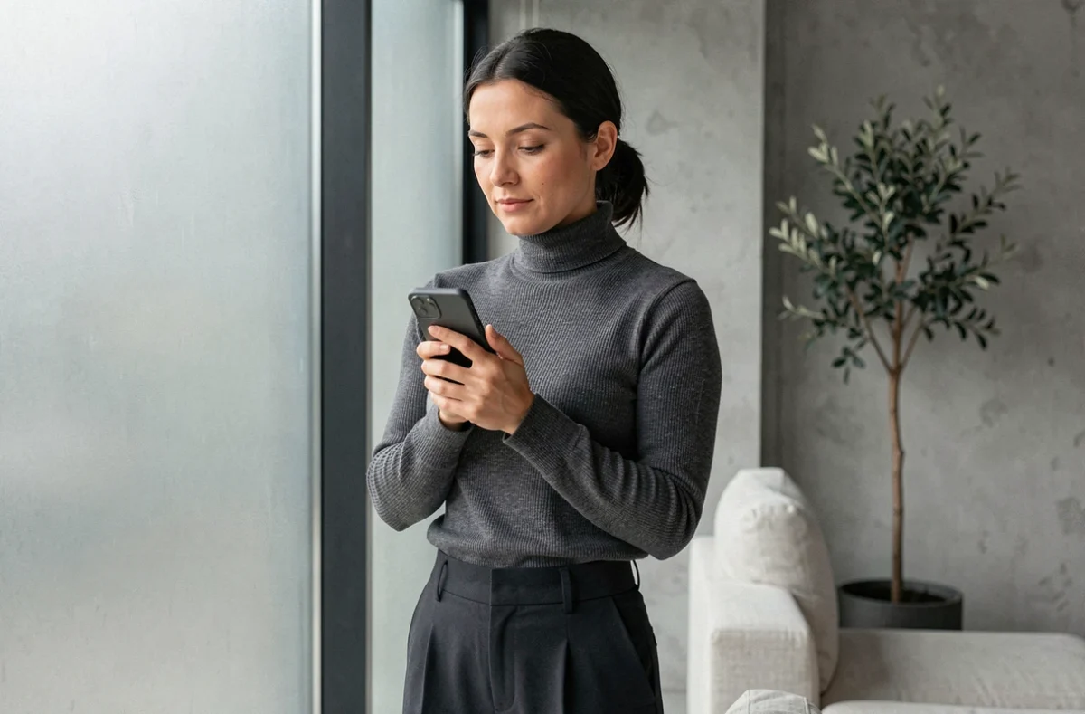 Femme notoire protégeant sa vie privée chez elle en gardant son téléphone hors de portée des regards