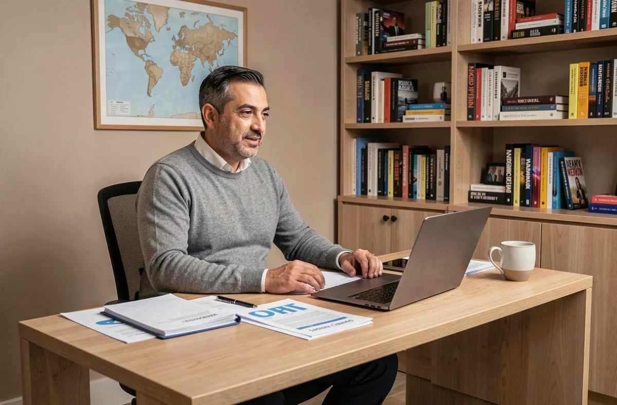 Homme d'affaires d'origine moyen-orientale travaillant dans un bureau privé entouré de documents et d'un ordinateur portable, évoquant l'univers professionnel et médiatique de Ramtin Abdo