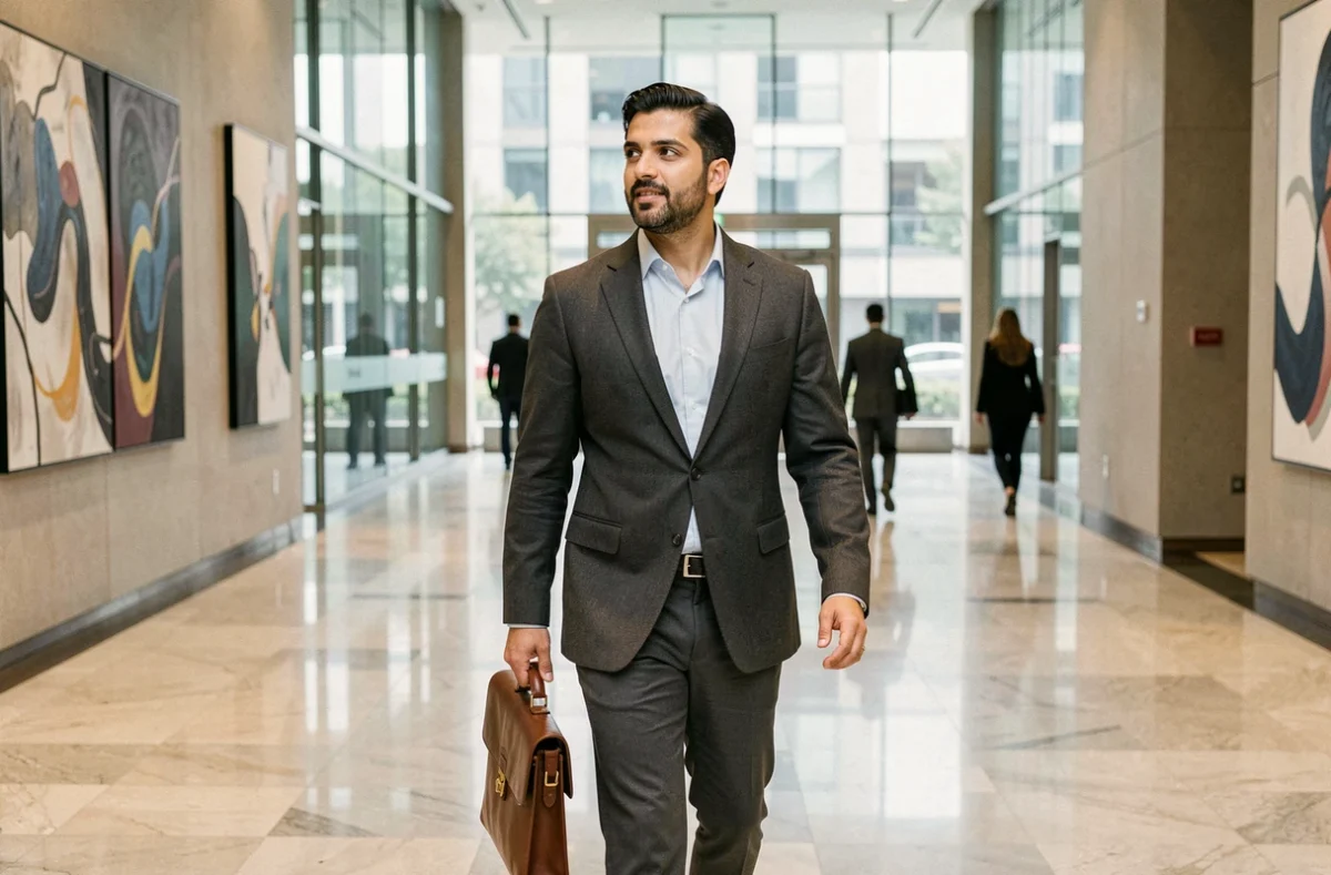 Homme en blazer charbon traversant un hall d'entreprise contemporain avec une mallette en cuir, image représentant le parcours professionnel ambitieux de Ramtin Abdo