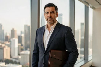 Portrait d'un homme d'affaires élégant d'origine moyen-orientale en costume marine dans un bureau moderne avec vue sur la ville, illustrant le profil de Ramtin Abdo