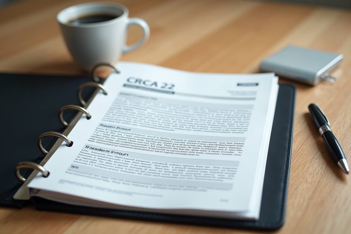 Page de rapport CRCA 22 sur bureau en bois clair