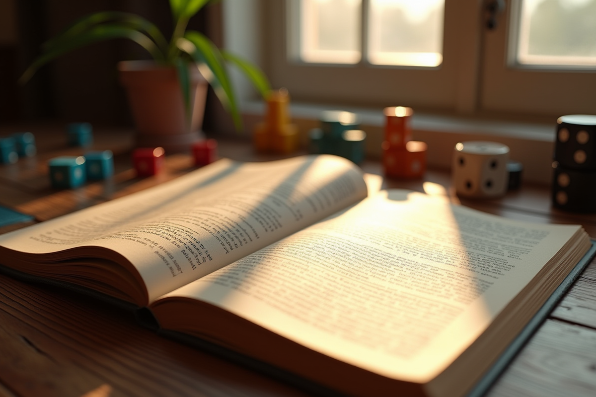 Livre de règles ouvert avec pièces et dés de jeu de société