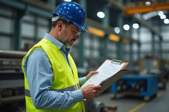 Responsable qualité en usine industrielle consultant une checklist de conformité réglementaire