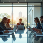 Réunion d'affaires dans un bureau lumineux avec équipe collaborative