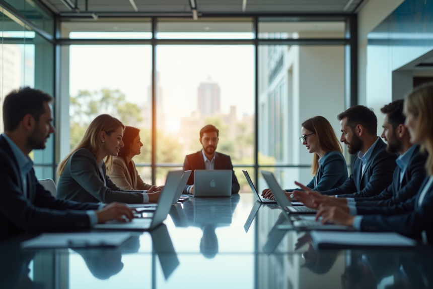 Réunion d'affaires dans un bureau lumineux avec équipe collaborative