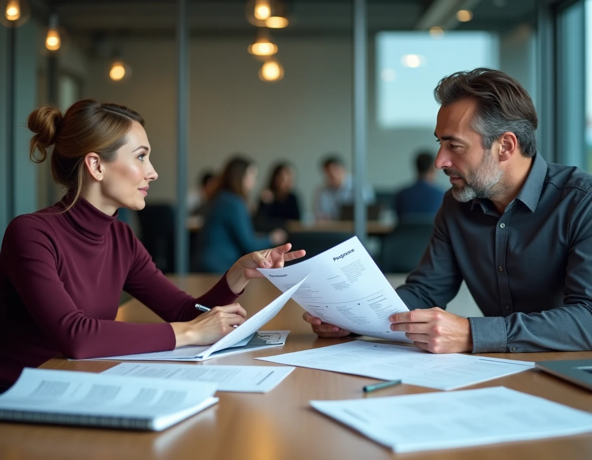Deux professionnels discutant de devis et de prototypes avec des documents Lorem Ipsum sur une table de réunion dans une agence