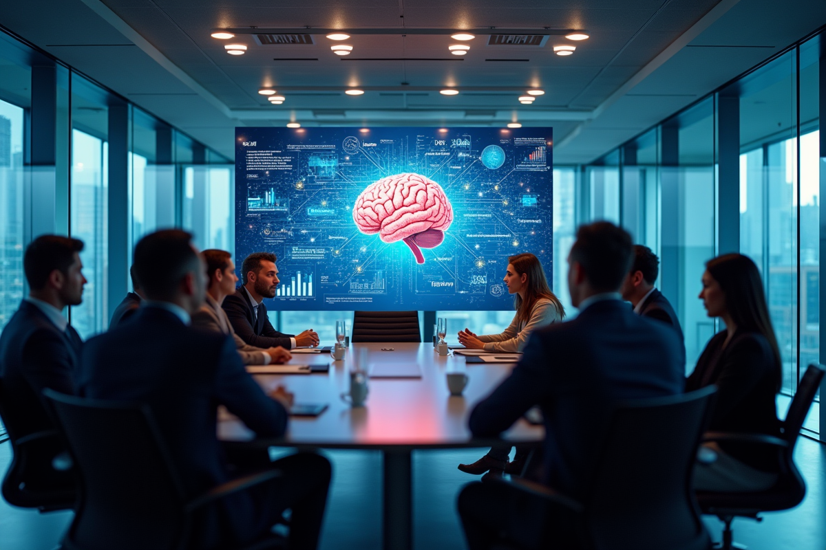 Groupe de professionnels discutant autour d un ecran d intelligence artificielle