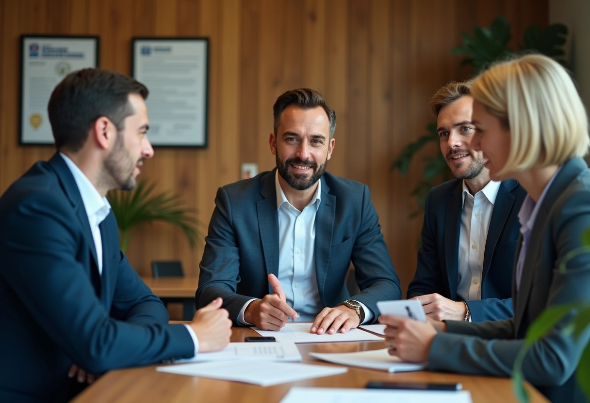 Groupe de collègues universitaires discutant autour d un document