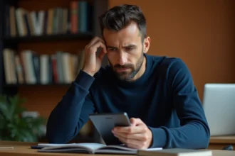 Homme à son bureau consultant un e-reader avec une expression préoccupée, illustrant les risques légaux du téléchargement illégal d'ebooks