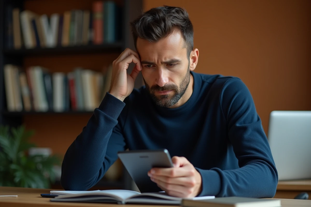 Homme à son bureau consultant un e-reader avec une expression préoccupée, illustrant les risques légaux du téléchargement illégal d'ebooks