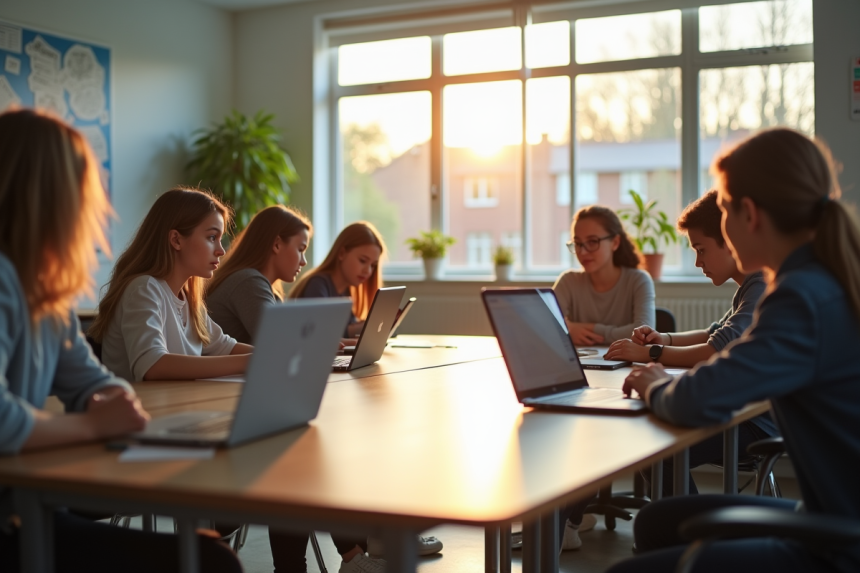 Salle de classe moderne avec lycéens utilisant ordinateurs
