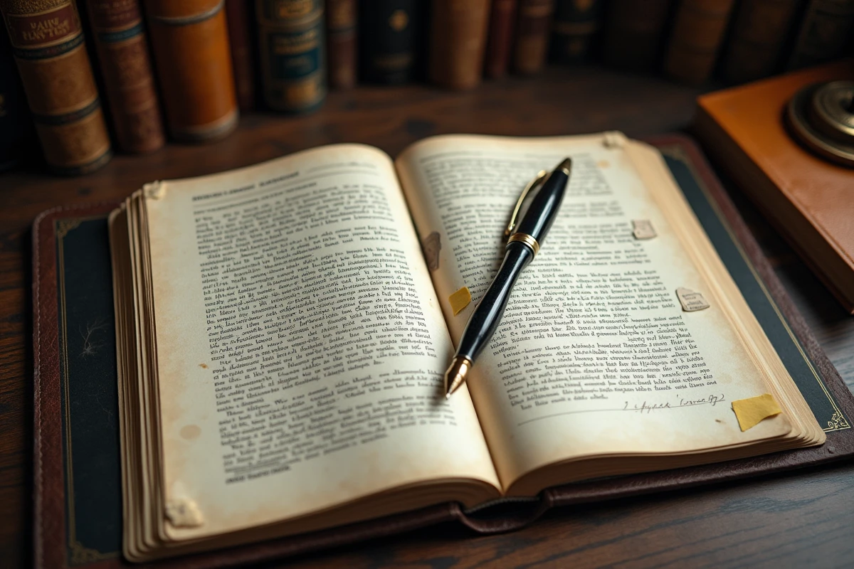 Scénario original ouvert avec annotations manuscrites et passages surlignés posé sur un bureau en bois sombre