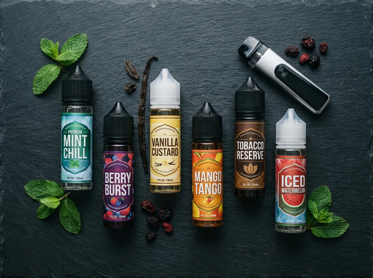 Sélection de flacons d'e-liquide pour cigarette électronique disposés en flat lay sur ardoise