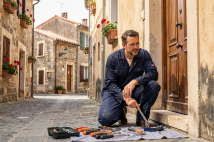 Serrurier professionnel intervenant sur une porte en bois dans une ruelle typique d'Ajaccio en Corse